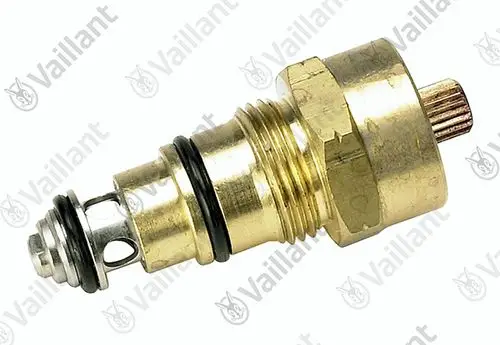 Vaillant Temperaturwähler in Metallausführung mit gewindeloser Verbindung und Dichtungsringen. Sichtbare Federmechanik für Temperaturregulierung.